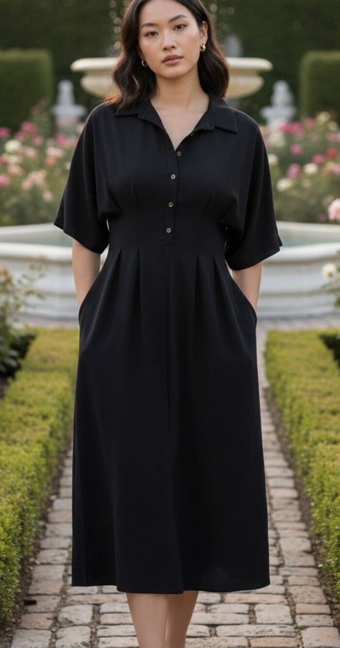 Connected Apparel Minimalist Black Fit-n-Flare Midi Dress